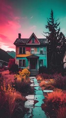 Colorful abandoned house at sunset