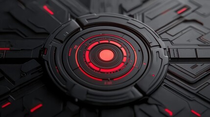 A futuristic, circular design featuring intricate patterns in black and red, resembling a technological interface or digital artwork.