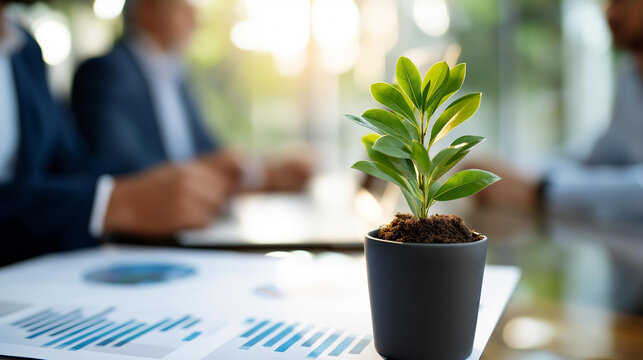 Business professionals nurture a small plant at a meeting symbolizing sustainable growth ESG charts and laptops on the table sunlight through glass walls sustainability - Powered by Adobe