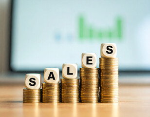 Rising Sales Concept: Coin Stacks with Lettered Dice on Table, Graph Background
