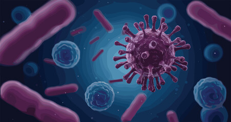 3D virus and bacteria microscopic illustration, infection concept, pathogen cells, health science background, disease spread visualization
