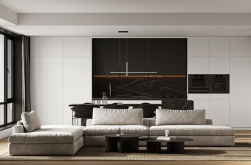 A stunning Modern Minimalist Living Room that seamlessly incorporates a sophisticated Kitchen Area