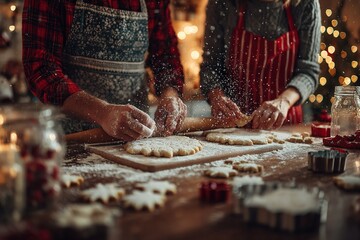 Couple baking christmas cookies together