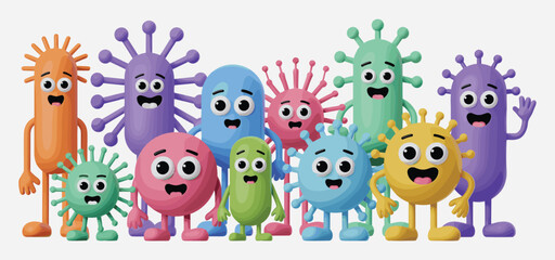 Cute colorful cartoon germs, funny virus characters, friendly bacteria illustration, adorable microbes clipart, happy monsters design, children background