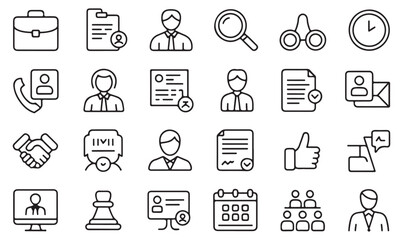 Fototapeta premium Minimalist outline human resources symbols: job search, resume, hiring, planning, and office management icons set