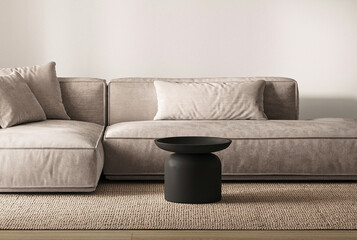 Minimalist Scandinavian living room with plush grey sofa and modern black floor lamp. 3d render