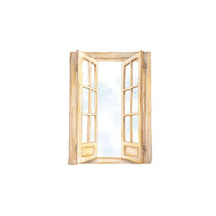 Obraz premium Rustic wooden window open to bright sky with soft light and clouds, cut out