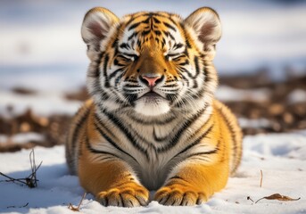 Cute tiger cub sitting in the snow on a winter day