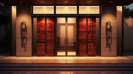 Contemporary house entrance with custom woodwork and geometric metal art features design