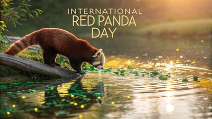 International Red Panda Day, Serene photorealistic red panda drinking water peacefully beside forest stream.
