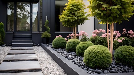 Obraz premium Elegant modern home exterior with meticulous landscaping features geometric pathways and