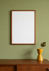 Mid Century Modern Interior with a Blank Wooden Frame Mockup on a Green Wall above a Teak Sideboard and Yellow Vase