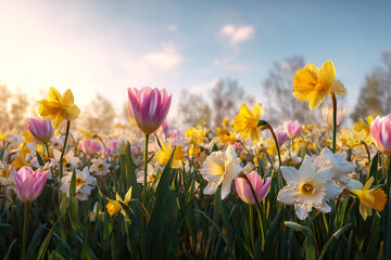Obraz premium Spring flowers field sunrise tulips daffodils blooming nature beauty
