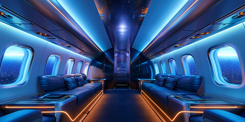 Futuristic Airplane Cabin with Blue LED Lighting and Large Windows
