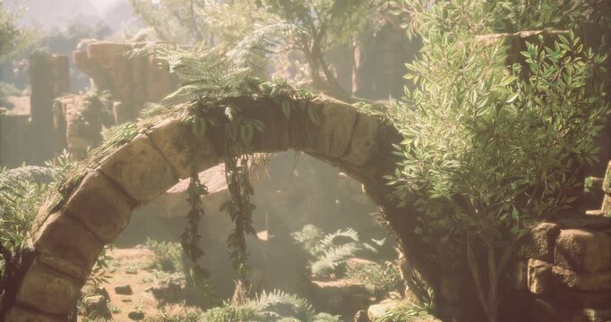 Amidst a tranquil valley, ancient stone ruins emerge, entwined with vibrant foliage. Sunlight filters through the trees, casting gentle shadows on the weathered stones, creating a magical atmosphere.
