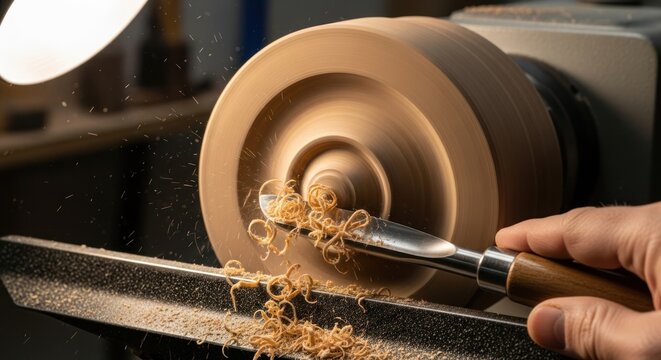 Rotating Wooden Bowl Shaping with Sharp Tool on Lathe