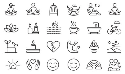 Minimal outline wellness symbols set: health, meditation, yoga, spa, relaxation, self-care, balance, and lifestyle