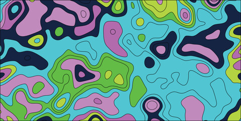 Psychedelic abstract topographic contour map with fluid organic shapes in bright pink, cyan, green, and navy blue color palette for vibrant backgrounds and creative designs