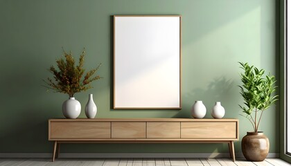 Blank vertical frame centered on a sage-green wall with a slim console table 