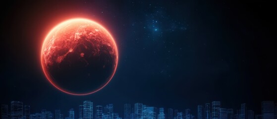 A vibrant red planet looms over a futuristic city skyline, set against a dark starry background, creating a surreal cosmic scene.
