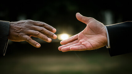 Two hands reaching out for connection during sunset in a serene outdoor setting