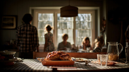 Family gathering around a table with a meal in a sunlit room during afternoon hours