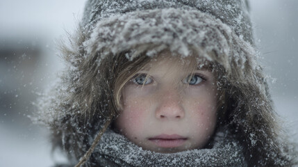 Snow-covered child with intense gaze in winter scenery near a blurred cabin