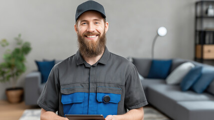 Technician smiling while holding a tablet in modern living room