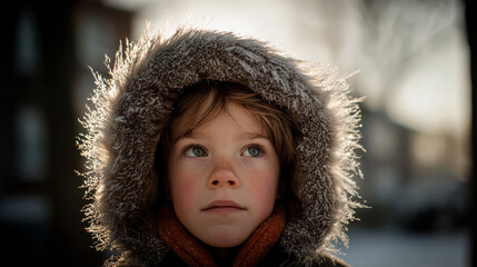 Young child wearing a warm hoodie with a fur trim gazes thoughtfully on a cold winter day in an urban setting