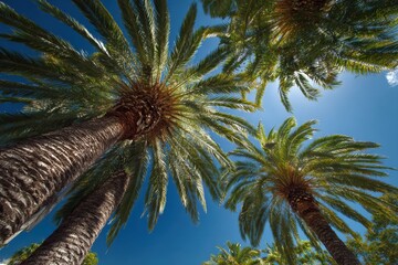 Looking up at tall palm trees on a bright summer day in california, revealing deep blue skies