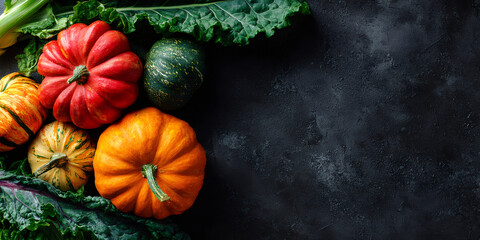 Assortment of fresh autumn vegetables and greens on dark background with copy space. Healthy food concept for Thanksgiving and fall harvest.