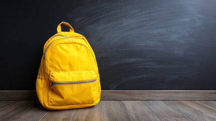 Bright yellow backpack rests against a black chalkboard in a modern classroom setting ready for school supplies