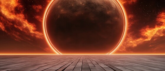 A dramatic cosmic scene featuring a dark planet surrounded by fiery rings and a starry sky, creating an otherworldly atmosphere.