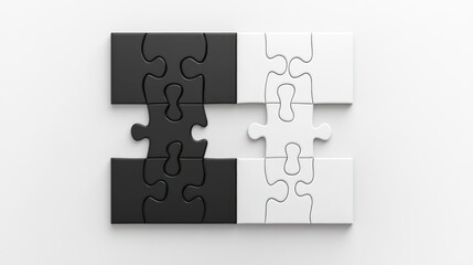 Black and white puzzle pieces on plain background