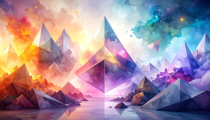 Colorful, abstract landscape with geometric pyramids