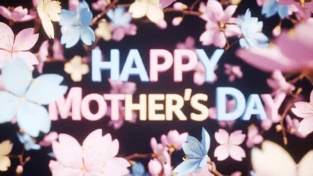 Vibrant Happy Mother's Day typographic greeting card with a beautiful blooming pastel flower border, a lovely concept for celebration