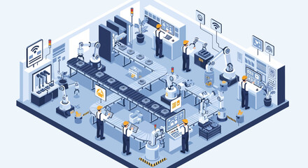 Isometric view of a modern automated factory with robotic arms, assembly lines, and workers overseeing production.