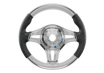 Naklejka premium Chrome steering wheel with black grip isolated on transparent background, front view