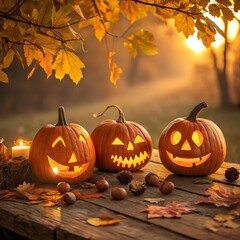 Fototapeta premium Three glowing jack o lanterns on a wooden table with autumn leaves and warm sunlight