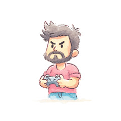 Obraz premium Cartoon of a young caucasian male gamer with beard holding controller, cut out