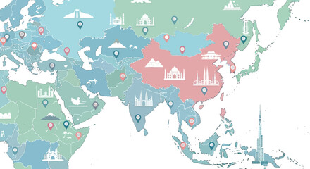 Fototapeta premium Colorful map of Asia and parts of Europe and Africa with landmarks and location pins.