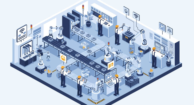 Isometric view of a modern automated factory with robotic arms, assembly lines, and workers overseeing production.