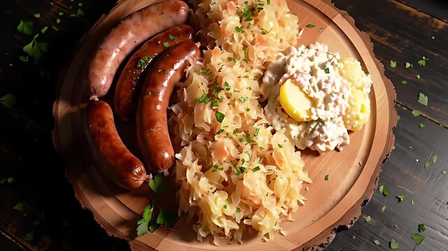 A rustic wooden plate overflowing with traditional Bavarian delicacies, including savory sausages, tangy sauerkraut, and creamy potato salad, captured from an engaging low-angle perspective.