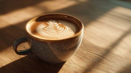 cozy morning coffee in a ceramic cup with elegant latte art on wooden table in soft cafe light warm ambiance perfect for cafe culture lifestyle or beverage branding concepts