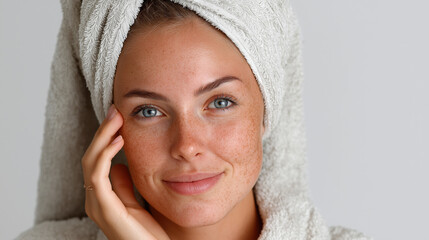 Young woman with towel on head smiles and showcases natural beauty