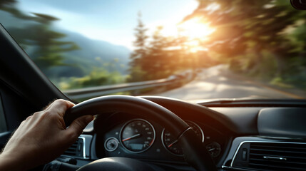 Driving along a winding road during a sunset in the mountains