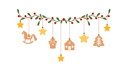 Nordic Christmas garland with hanging ornaments, holly berries, stars, wooden horse, angel, tree. Home decor, holiday vector rustic illustration
