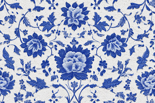 Elegant blue and white floral pattern design on textured background beautiful repeating design perfect for textile wallpaper or fabric