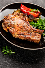 Steak pork barbecue meat tasty snack fresh delicious gourmet food background on the table rustic food top view copy space