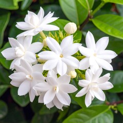 Fototapeta premium Cluster of white star-shaped flowers on green leaves